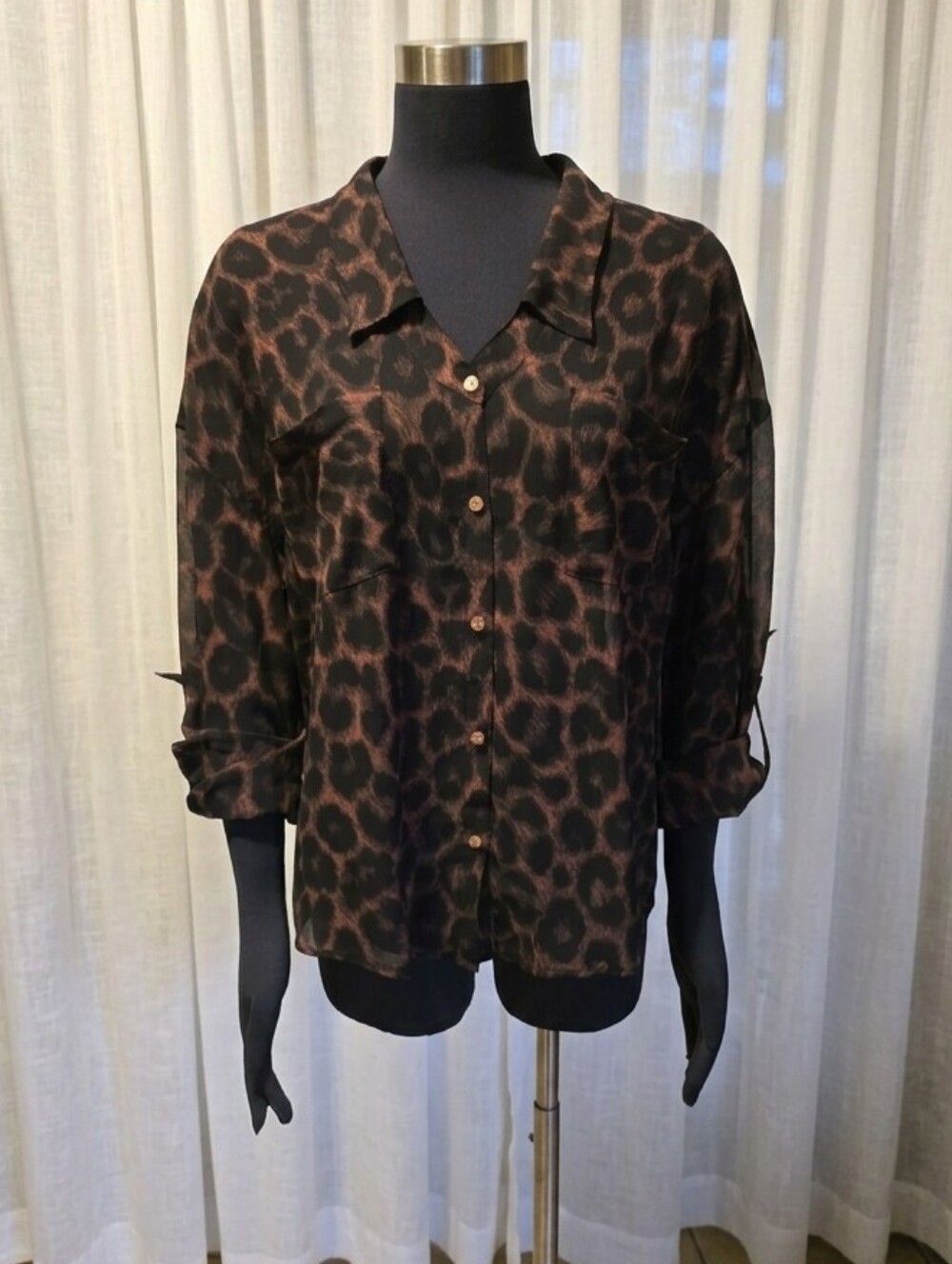 Free People Black and Brown Leopard-Print Button Down Shirt